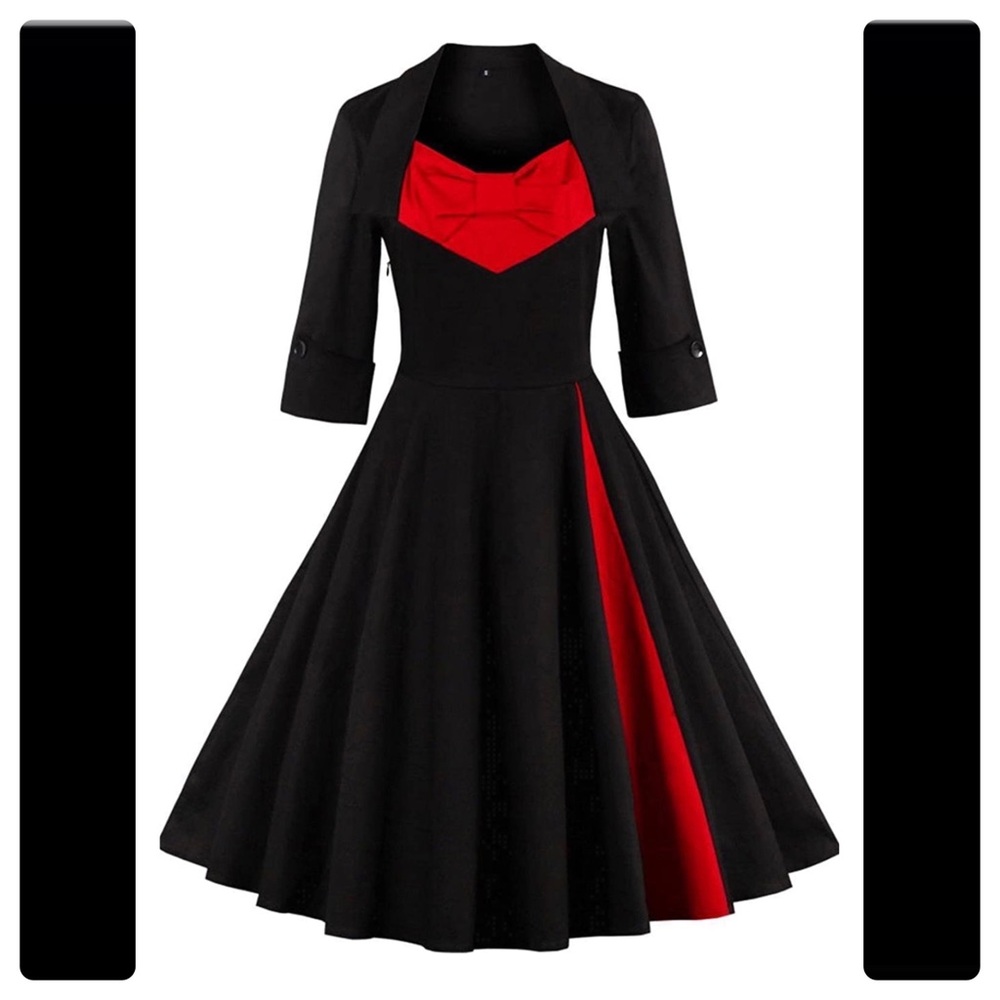 XL Black retro rockabilly psychobilly goth pinup swing dress with red accents.